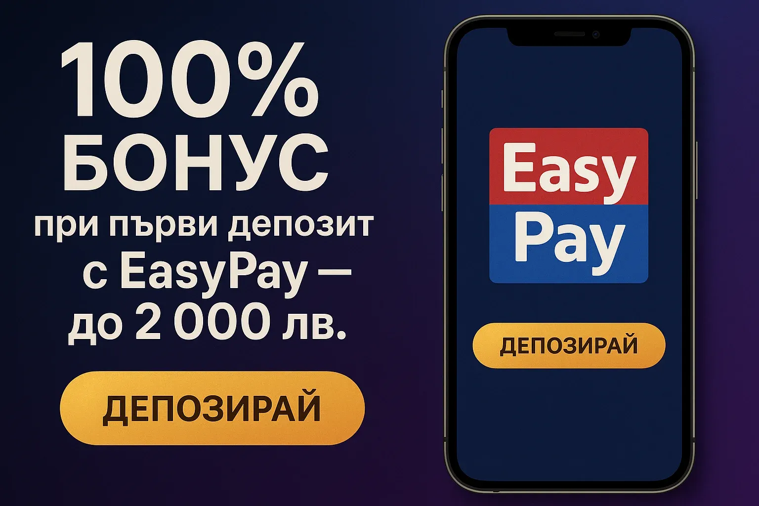 Банер за 100% бонус при първи депозит с EasyPay до 2000 лв.