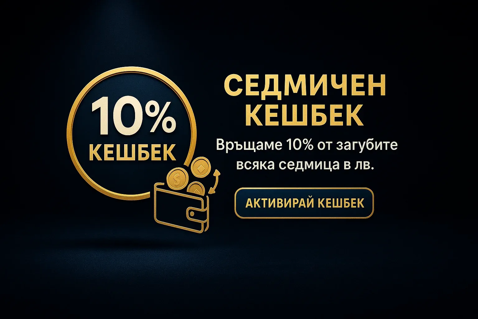 Банер за казино промоция седмичен кешбек 10% с бутон активирай