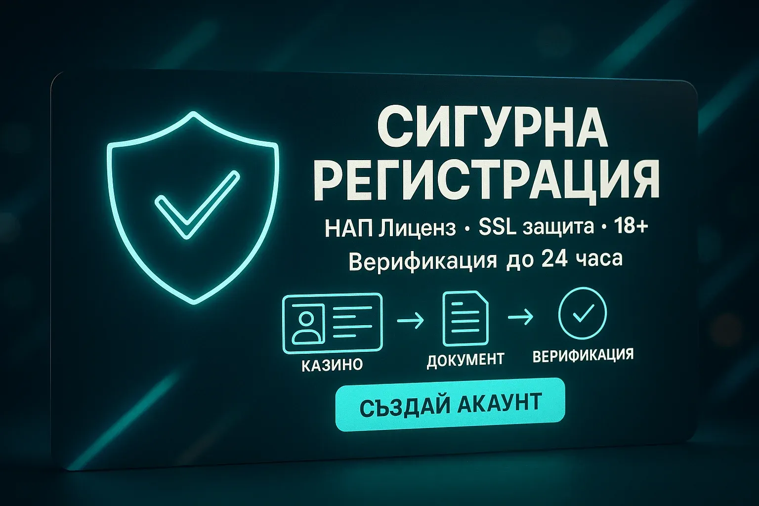 Банер за сигурна регистрация в казино с щит, SSL и KYC стъпки