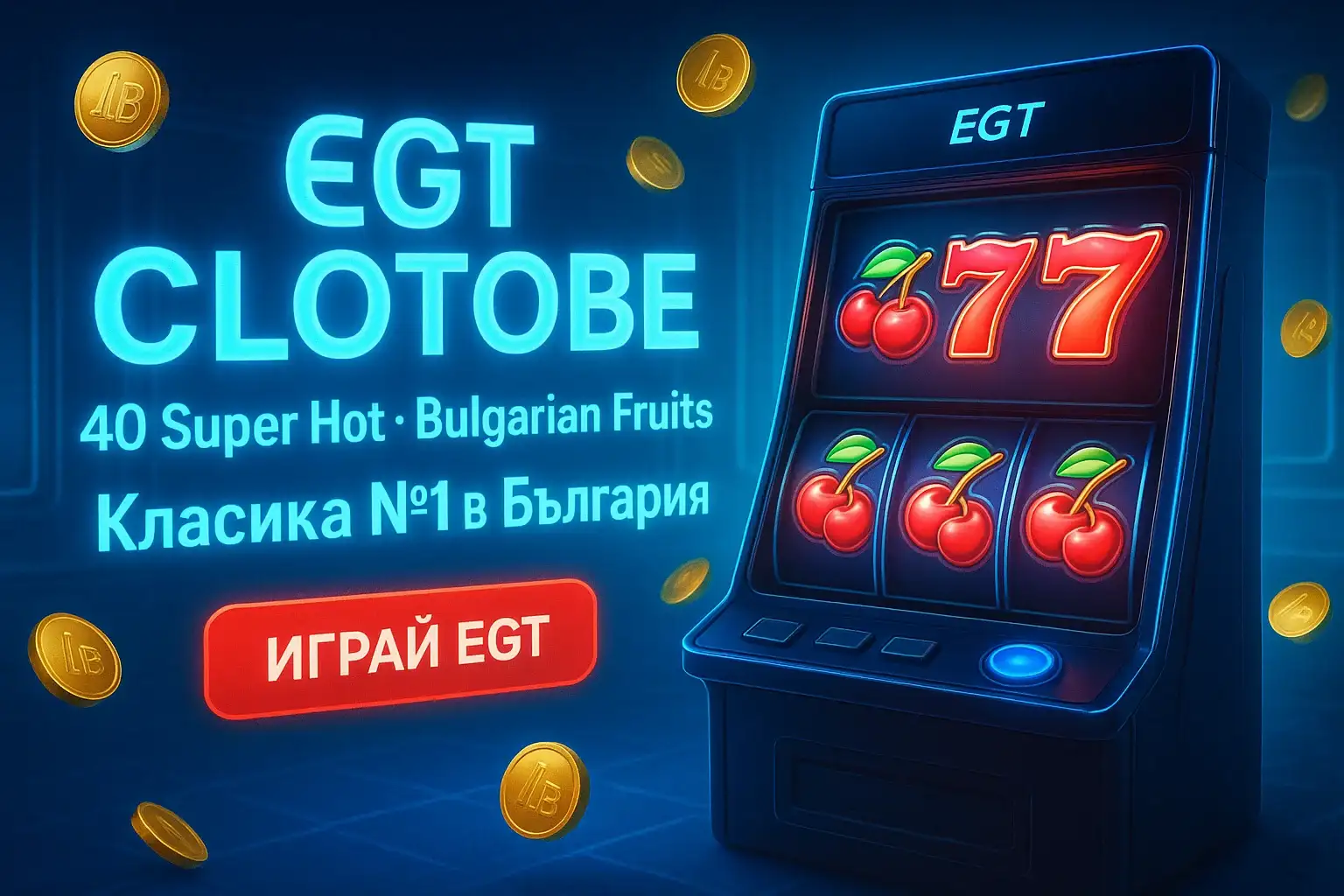 Рекламен банер за EGT слотове с плодове, червено-златен фон